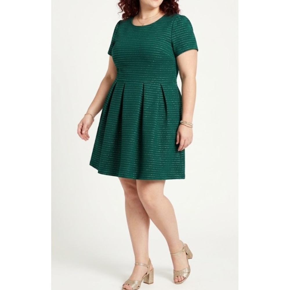 Draper James Fit & Flare Dress XXL Green Metallic Stripe Holiday Pockets